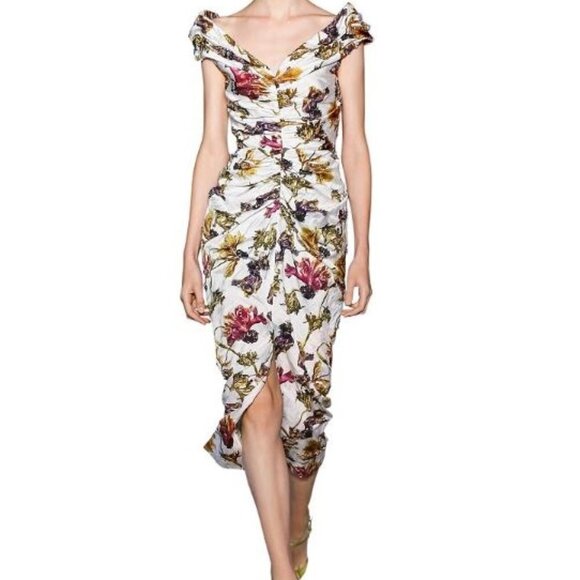 New Jason Wu Collection Women White Chalk Multi Floral Bodycon Midi Dress Size 2 - Picture 1 of 14